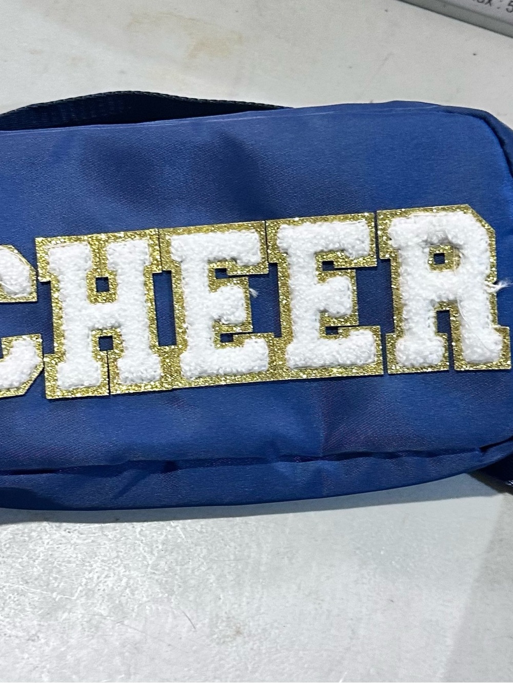 New navy Blue Cheer Bag with White Chenille Letters and Gold Trim
